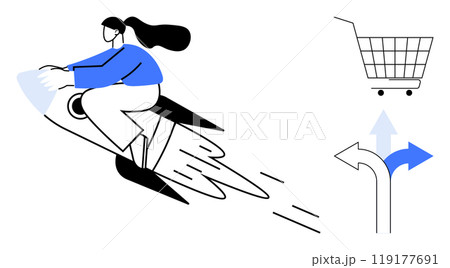 Person riding a rocket illustrates speed. Shopping cart and direction arrows highlight e-commerce choices. Ideal for themes like online shopping, decision making, speed, e-commerce, and technology 119177691