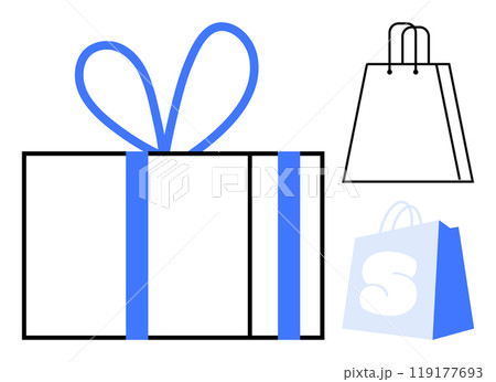 Simple drawing of a gift box with a blue ribbon and bow beside two shopping bags. One bag is plain, the other has an S logo. Ideal for holiday, celebration, shopping, retail, and marketing themes 119177693