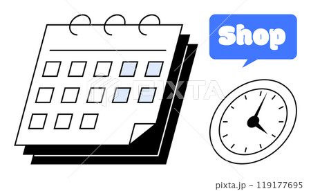 Calendar with marked days a clock and a shop text bubble Ideal for planning business schedules time management appointments and retail store hours. Simple design and minimalistic style Light blue Calendar with marked days a clock and a shop text bubble Ideal for planning business schedules time management appointments and retail store hours. Simple design and minimalistic style Light blue 119177695