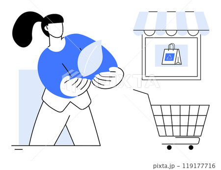 Woman holding a leaf near a storefront with eco-friendly shopping bag icon and a shopping cart. Ideal for environmental sustainability eco-friendly shopping consumer behavior retail industry Woman holding a leaf near a storefront with eco-friendly shopping bag icon and a shopping cart. Ideal for environmental sustainability eco-friendly shopping consumer behavior retail industry 119177716