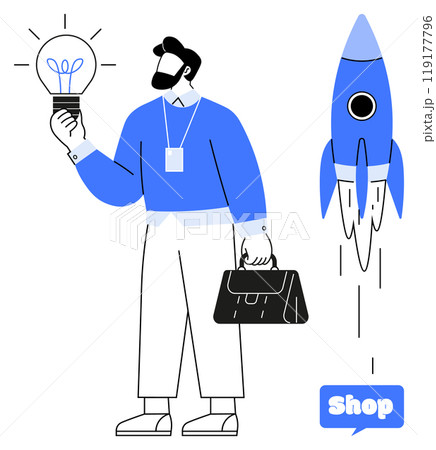 Man holding a light bulb and briefcase beside a rocket. Light bulb symbolizes ideas. Rocket represents launch and progress. Ideal for business, startup, innovation, entrepreneurship, marketing 119177796