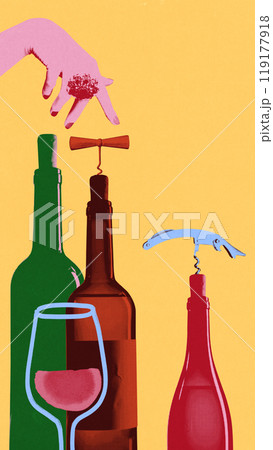 Hand uncork wine bottle with corkscrew, next to various bottles and wine glass. Contemporary art collage. 119177918