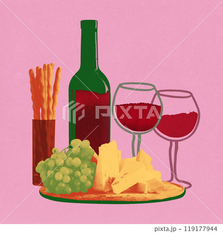 Classic wine set up, bottle, two full glasses, grapes, cheese, and breadsticks on plate. Food harmony. Contemporary art collage. Classic wine set up, bottle, two full glasses, grapes, cheese, and breadsticks on plate. Food harmony. Contemporary art collage. 119177944