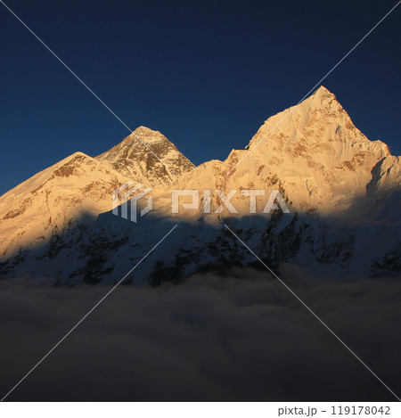 Mount Everest and Nuptse on a autumn eveningr, Nepal. 119178042