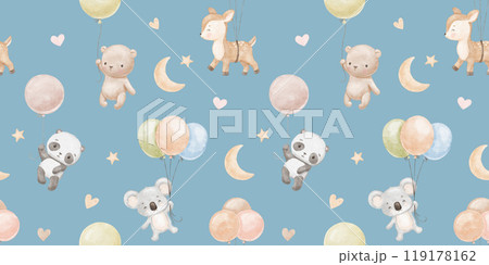 Seamless watercolor pattern with cute baby panda, deer and bear with balloons. Animals characters. Hand drawn neutral illustrations on blue background 119178162