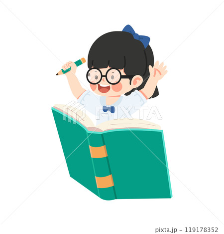 Happy Kid girl student sitting on a book 119178352