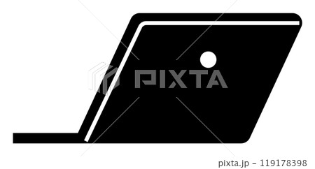 Silhouette of an open laptop with its screen slightly tilted. A circle is visible on the screen. Ideal for technology, remote work, communication, business, online education. Minimalist, modern, clean 119178398