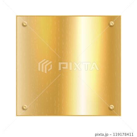 Gold plate. Metal plaque mockup. Golden frame. Vector brass rectangle. 119178411