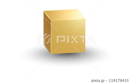 3d gold metallic cube. Realistic vector geometric shape. Golden glossy box with shadow 119178433