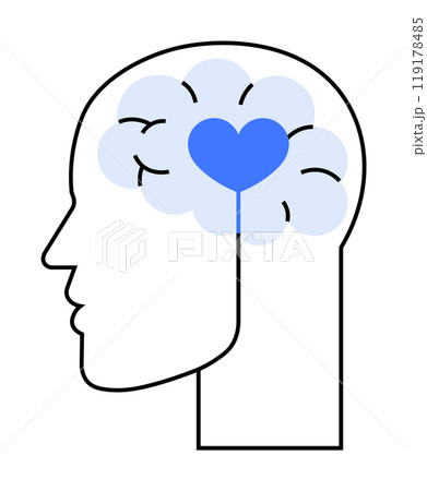 Outline of a human head with brain and heart icons. Ideal for mental health awareness, emotional intelligence, psychology, healthcare, wellness programs. Clean, modern vector style. Outline of a human head with brain and heart icons. Ideal for mental health awareness, emotional intelligence, psychology, healthcare, wellness programs. Clean, modern vector style. 119178485