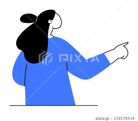 A minimalist vector style woman with black hair, in a blue sweater, pointing to the right. Ideal for presentations, instruction manuals, user guides, educational materials, and infographics. A minimalist vector style woman with black hair, in a blue sweater, pointing to the right. Ideal for presentations, instruction manuals, user guides, educational materials, and infographics. 119178514