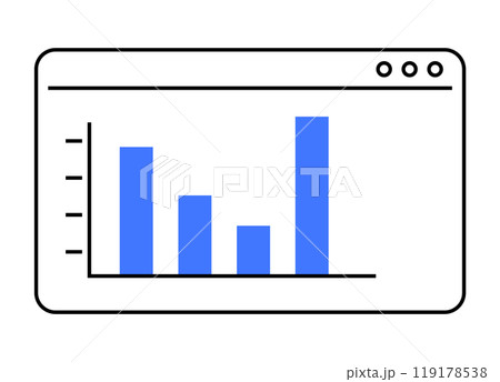 Simple bar graph with blue bars within browser window outline. Three bars of varying heights against white background. Ideal for data analytics, business presentations, statistics, finance, web design Simple bar graph with blue bars within browser window outline. Three bars of varying heights against white background. Ideal for data analytics, business presentations, statistics, finance, web design 119178538