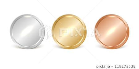 Gold, silver, bronze circle medals. Vector metal coins. First, second, third place award trophy Gold, silver, bronze circle medals. Vector metal coins. First, second, third place award trophy 119178539