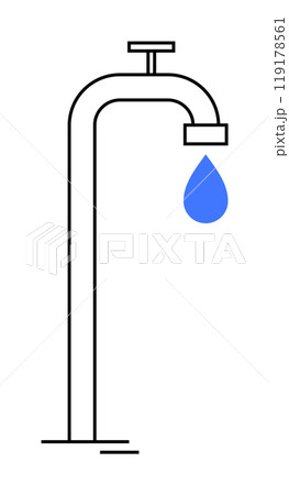 Single straight faucet with large blue water drop. Ideal for water conservation, environmental awareness, plumbing services, resource management, educational materials. Simple line art. 119178561