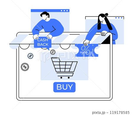 Simplistic vector-style image of an online shopping cart and BUY button. Two individuals display Cashback and percentage icons, suggesting promotions. Ideal for e-commerce, marketing, retail Simplistic vector-style image of an online shopping cart and BUY button. Two individuals display Cashback and percentage icons, suggesting promotions. Ideal for e-commerce, marketing, retail 119178585