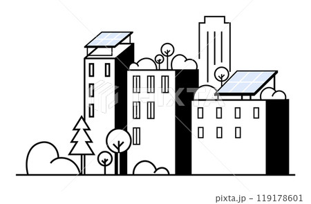 Urban buildings with solar panels, surrounded by trees. Ideal for green energy, urban living, sustainability, renewable energy, eco-friendly design. Minimalist flat vector. 119178601