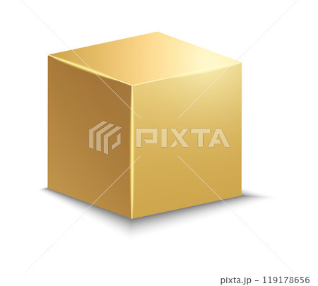 3d gold metallic cube. Realistic vector geometric shape. Golden glossy box with shadow 119178656