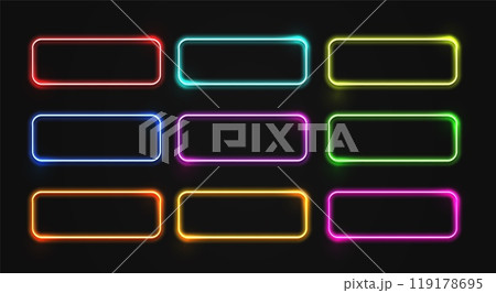 Neon frame rectangle set. Glowing colorful rectangular border. Geometric shape action UI elements with copy space. 119178695