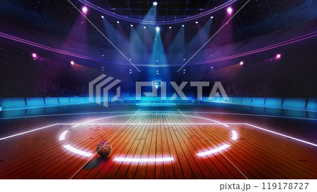 Basketball court bathed in vibrant neon lights, with single basketball resting at center of illuminated court. 3D render of stadium Basketball court bathed in vibrant neon lights, with single basketball resting at center of illuminated court. 3D render of stadium 119178727