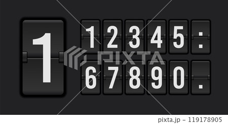 Countdown scoreboard numbers. Score vector realistic timetable. Mechanical retro airport flipboard. 119178905