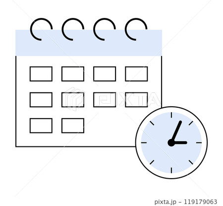 Simple depiction of a calendar with a clock at the bottom signifies time management and scheduling. Ideal for business planning, appointments, deadlines, productivity, and organization. Minimalist 119179063