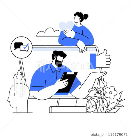 Man and woman interact around oversized digital screen. Speech bubble with check mark. Graph with upward arrows. Blue thumbs-up icon. Nature elements like flowers. Ideal for teamwork, digital Man and woman interact around oversized digital screen. Speech bubble with check mark. Graph with upward arrows. Blue thumbs-up icon. Nature elements like flowers. Ideal for teamwork, digital 119179071