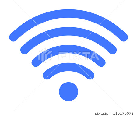 Blue Wi-Fi signal with five curving arcs and a dot at the bottom in a clean, minimalistic design. Ideal for technology, internet access, wireless networks, mobile devices, and connectivity. Minimalist Blue Wi-Fi signal with five curving arcs and a dot at the bottom in a clean, minimalistic design. Ideal for technology, internet access, wireless networks, mobile devices, and connectivity. Minimalist 119179072