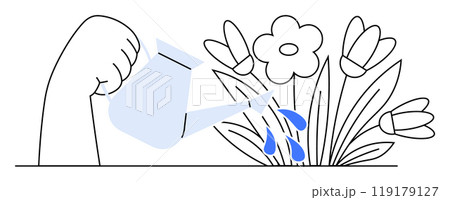 Hand holding watering can, pouring water on flowers and leaves. Light blue and black colors. Ideal for gardening, environment, sustainability, nature, and plant care themes. Simple line drawing. 119179127
