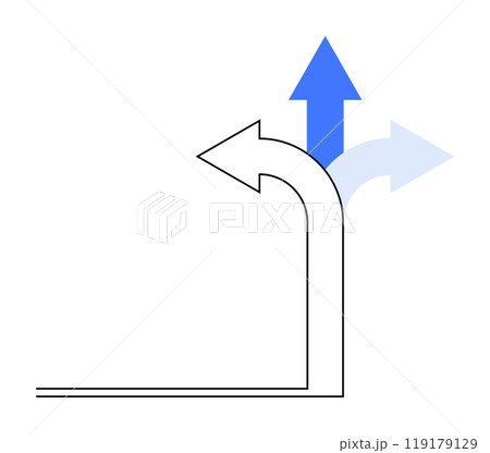 Three arrows intersect, offering choices in different directions. Solid black turns left, while blue and light blue point forward. Ideal for business, strategy, decision-making, navigation 119179129