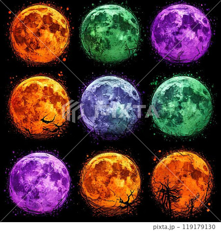 A sketch of a multi-colored Halloween full moon on a dark background A sketch of a multi-colored Halloween full moon on a dark background 119179130