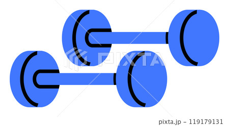 Two blue dumbbells with black accents, arranged in a parallel position on a white background. Ideal for fitness, weightlifting, gym equipment, sports training, healthy lifestyle. Simple vector style. Two blue dumbbells with black accents, arranged in a parallel position on a white background. Ideal for fitness, weightlifting, gym equipment, sports training, healthy lifestyle. Simple vector style. 119179131