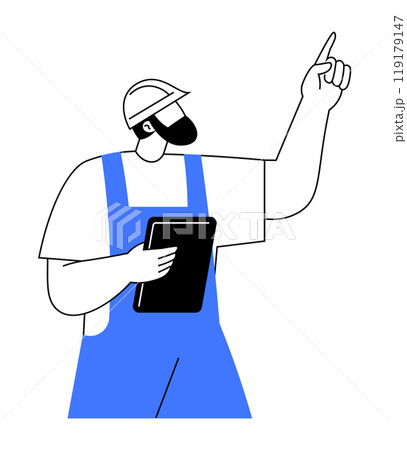 A construction worker wearing a hard hat and blue overalls holds a tablet and points upwards with one finger. Ideal for construction, safety, engineering, architecture, project management. Simple 119179147