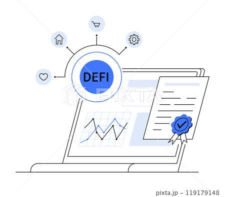 Computer screen with financial graph, smart contract, DeFi hub, and small related icons. Ideal for finance, blockchain, cryptocurrency, smart contracts, digital economy. Simple vector style. 119179148