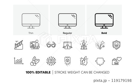Graph, Fireworks and Food donation line icons. Pack of Computer, Cyber attack, Stairs icon. Online warning, Sunglasses, Augmented reality pictogram. Teacher, Puzzle, Success. Line icons. Vector Graph, Fireworks and Food donation line icons. Pack of Computer, Cyber attack, Stairs icon. Online warning, Sunglasses, Augmented reality pictogram. Teacher, Puzzle, Success. Line icons. Vector 119179198