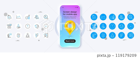 Phone mockup with 3d map pin icon. Business portfolio, Swipe up and Leadership line icons. Pack of Lightning bolt, Yoga, Loyalty star icon. Security statistics, Survey, Recruitment pictogram. Vector 119179209