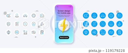 No cash, Shield and Outsource work line icons. Phone mockup with 3d energy icon. Pack of Euro money, Lounge, Resume document icon. Clown, Security agency, Helping hand pictogram. Vector 119179228