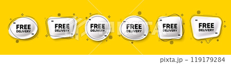 Free delivery tag. Speech bubble 3d icons set. Shipping and cargo service message. Business order icon. Free delivery chat talk message. Speech bubble banners with comma. Text balloons. Vector Free delivery tag. Speech bubble 3d icons set. Shipping and cargo service message. Business order icon. Free delivery chat talk message. Speech bubble banners with comma. Text balloons. Vector 119179284