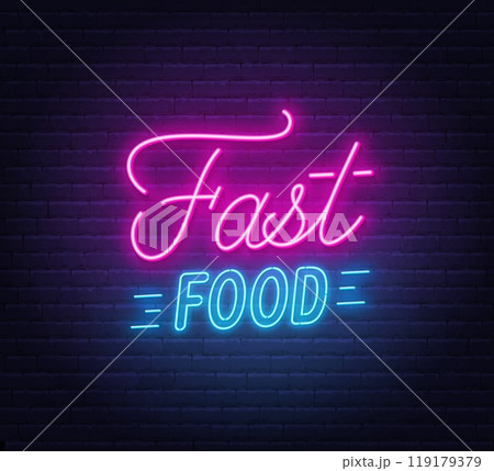 Fast Food Neon Sigh on brick wall background. 119179379