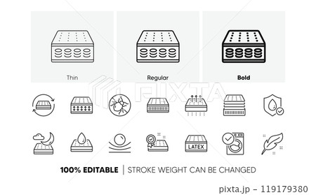 Memory foam, pillow, latex. Mattress line icons set. Breathable, washable, bed tick icons. Light weight, natural material, pocket sprung mattress. Bed mite, antiallergic latex. Line icons set. Vector 119179380