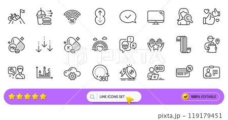 Online auction, Computer and Mountain bike line icons for web app. Pack of Swipe up, Id card, Cloud computing pictogram icons. Repairman, Delivery man, Like signs. Vitamin k, Lgbt. Search bar. Vector Online auction, Computer and Mountain bike line icons for web app. Pack of Swipe up, Id card, Cloud computing pictogram icons. Repairman, Delivery man, Like signs. Vitamin k, Lgbt. Search bar. Vector 119179451