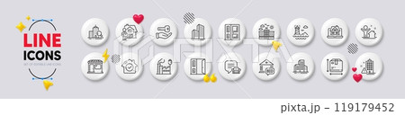 House security, Building warning and Hotel line icons. White buttons 3d icons. Pack of Skyscraper buildings, Bid offer, Open door icon. Delivery man, Factory, Market pictogram. Vector 119179452
