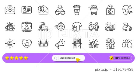 Takeaway coffee, Dirty t-shirt and Boxes pallet line icons for web app. Pack of Ranking star, Euro money, Water drop pictogram icons. Parking place, Cardboard box, Voice wave signs. Search bar. Vector Takeaway coffee, Dirty t-shirt and Boxes pallet line icons for web app. Pack of Ranking star, Euro money, Water drop pictogram icons. Parking place, Cardboard box, Voice wave signs. Search bar. Vector 119179459