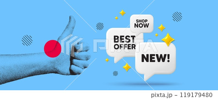 Hand showing thumb up like sign. New tag. Special offer sign. New arrival symbol. Arrivals chat 3d speech bubble. Grain dots hand. Like thumb up sign. Shop now. Vector 119179480