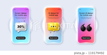 Phone 3d mockup gradient screen. 30 percent off sale tag. Discount offer price sign. Special offer symbol. Discount phone mockup message. 3d chat speech bubble. Yellow text box app. Vector 119179492