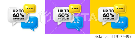 Chat speech bubble 3d icons. Up to 60 percent discount. Sale offer price sign. Special offer symbol. Save 60 percentages. Discount tag chat text box. Speech bubble banner. Offer box balloon. Vector 119179495