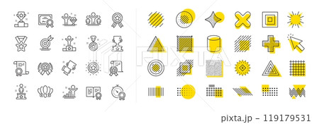 Winner cup, goal target, certificate. Design shape elements. Success line icons. Reward, medal with ribbon, crown icons. Award, winner podium, first place success. Vector 119179531