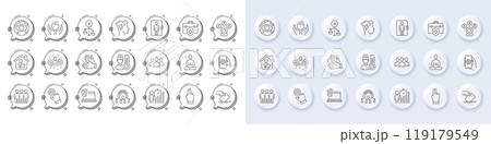 Recruitment, Computer fingerprint and App settings line icons. White pin 3d buttons, chat bubbles icons. Pack of Cyber attack, Thermometer, Medical insurance icon. Vector 119179549