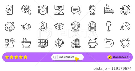 Ice cream, Volunteer and Security line icons for web app. Pack of Bordeaux glass, Vegetarian food, Undo pictogram icons. Video conference, Sleep, Time management signs. Approved phone. Vector 119179674
