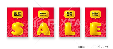 Poster templates with 3d sale text. Sale 25 percent off discount. Promotion price offer sign. Retail badge symbol. Sale poster frame message. Offer chat bubbles. Text speech balloon. Vector Poster templates with 3d sale text. Sale 25 percent off discount. Promotion price offer sign. Retail badge symbol. Sale poster frame message. Offer chat bubbles. Text speech balloon. Vector 119179761