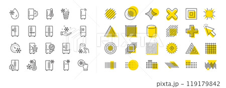 Refrigerator, freezer storage, smart fridge machine. Design shape elements. Fridge line icons. Water with ice, cooler box, thermometer icons. Vector Refrigerator, freezer storage, smart fridge machine. Design shape elements. Fridge line icons. Water with ice, cooler box, thermometer icons. Vector 119179842